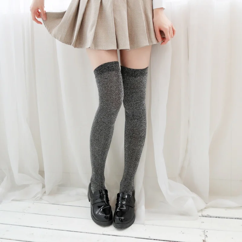 3018-1 Spring/Summer Knee Socks Female Sequins Stockings Student Pure Silver Silk Thigh High Socks