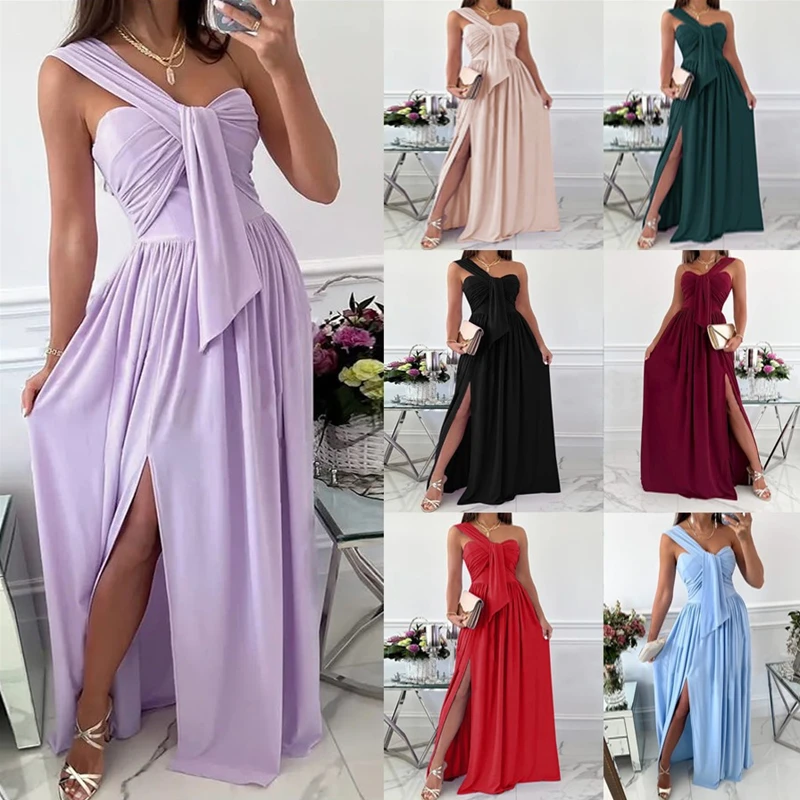 

Женское вечернее асимметричное платье макси, элегантное однотонное платье на одно плечо с высоким разрезом и вырезом, длинное платье для св...