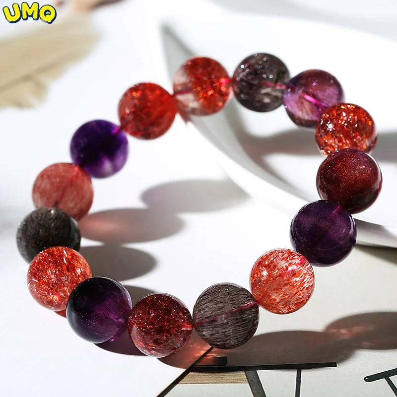 

Natural Super Seven Purple Hair Crystal Bracelet for Men and Women, Gold Strawberry Crystal, Black Currant, Three Round