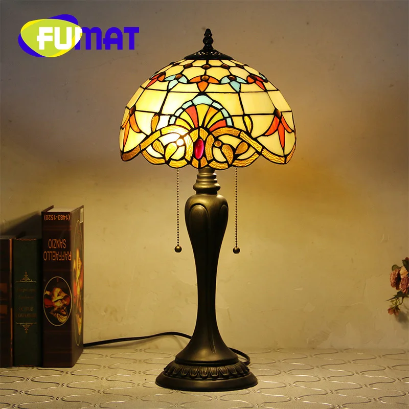 

FUMAT Tiffany Desk lamp Mediterranean Pastoral style decor living room study wedding bedside cafe retro pull wire office light