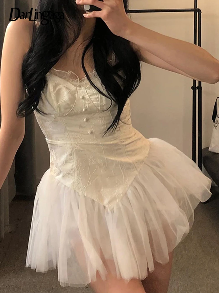 

Darlingaga Chic Balletcore Tulle Birthday Summer Dress for Women Fashion Jacquard Patchwork Ball Gown Mini Dress Party Ruffles
