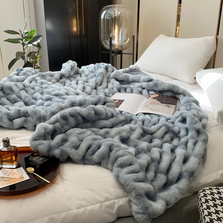 

Luxury Faux Fur Blanket for Couch Sofa Soft Plaid Winter Double Bed Cover Thicken Warm Rabbit Hair Gray Plush Throw Blankets