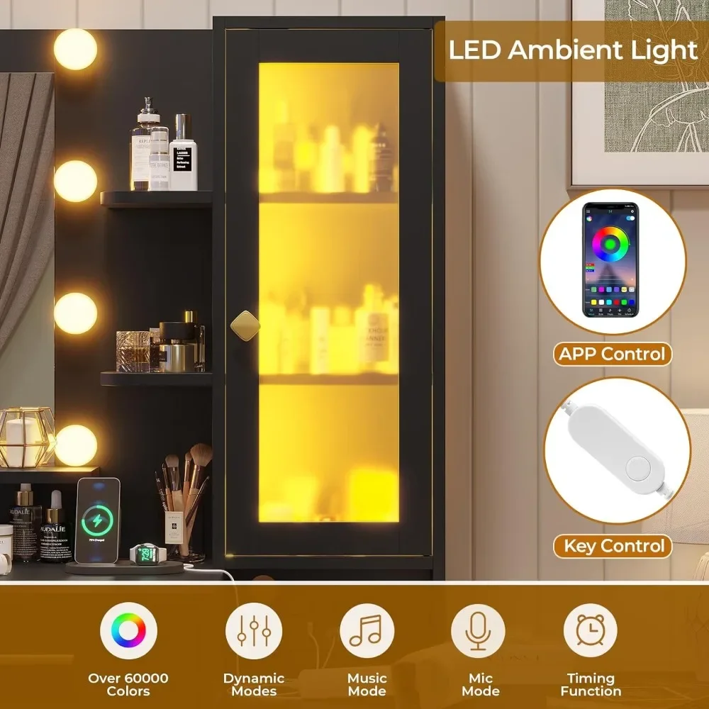 Туалетный столик для макияжа с зеркалом и подсветкой черный окружающим