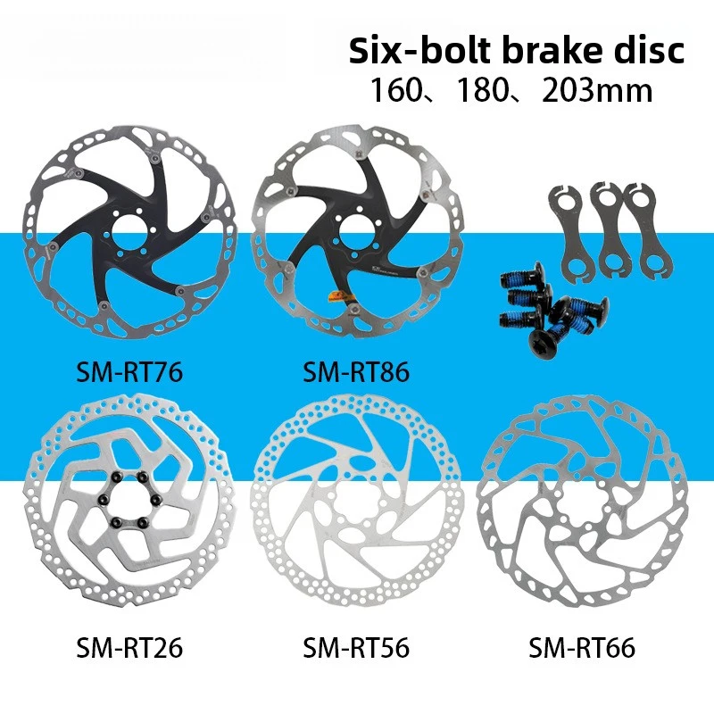 Фото Дисковый тормозной ротор Shimano RT26 RT56 RT66 RT76 RT86 с 6 болтами, 160 мм, 180 мм, 203 мм, для горных велосипедов (MTB) №1