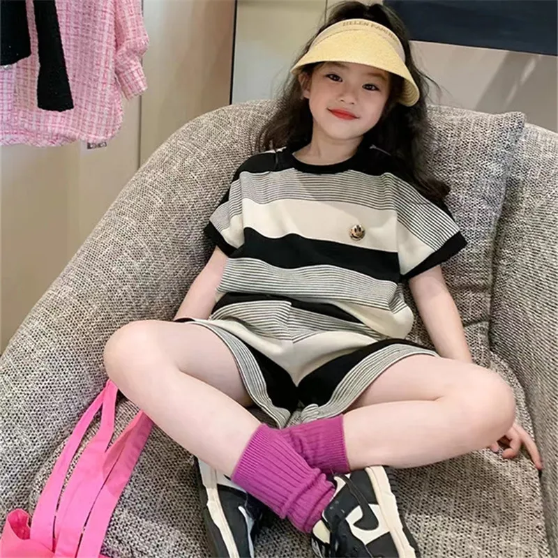 

Children's Clothing Girls Summer Pure Cotton Striped Short Sleeves + Shorts Set Child Casual Two-piece Set Cute Princess Outfits