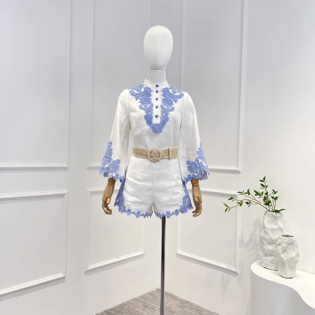 

2023 New Linen High Quality Spring Summer Vintage Buttons Blue Lace Patchwork Long Sleeve Blouse and Shorts Woman Set