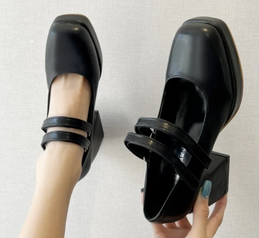 

2022 Summer New Fashion Single Shoes Women's Medium Heel Women Shoes Thick Heel Shallow Mouth Rubber Small Leather Shoes Women