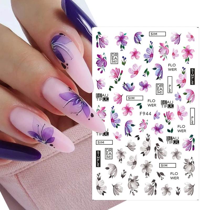 3D Spring Purple Flowers Nail Stickers Leaf Plants Branches 