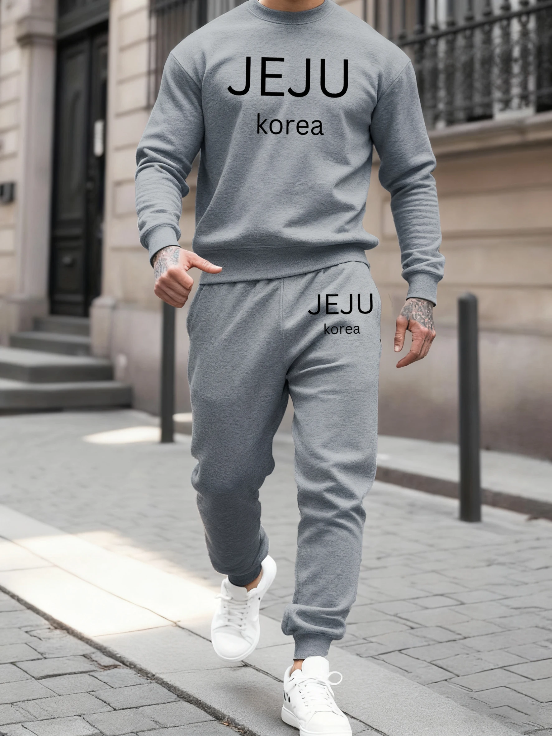 Фото Jeju Корея с буквенным принтом, осенне-зимняя мужская толстовка, комплекты спортивных штанов, удобные удобные брюки, повседневная повседневная толстовка с капюшоном, флисовая одежда №3