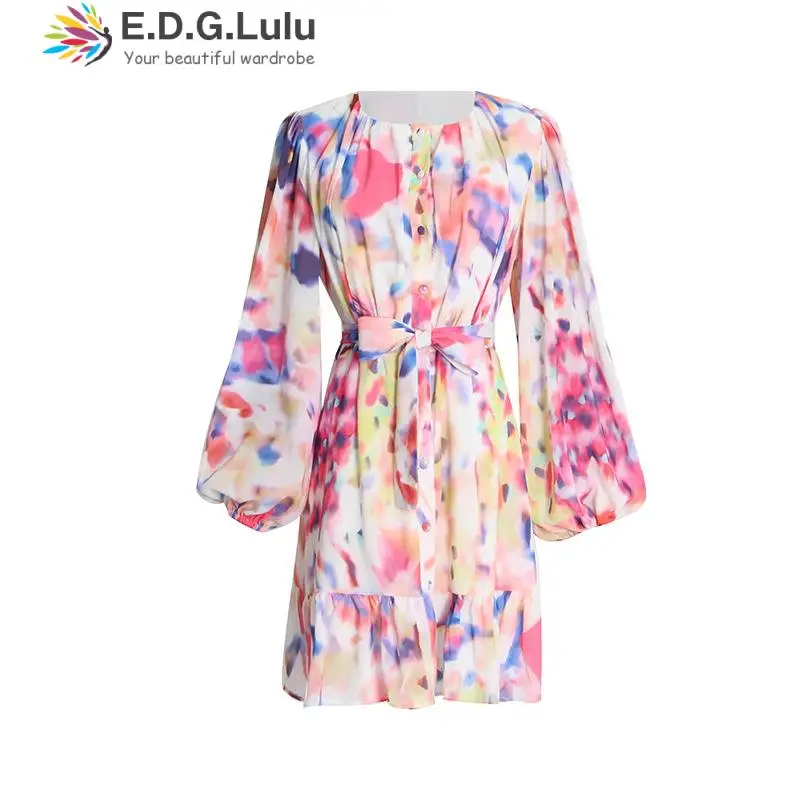 

EDGLuLu 2022 Spring Long Sleeve V Neck Tie Dye Floral Print Dresses Single Breasted Waist Lace-up Bow Ruffles Dress Vestidos0630