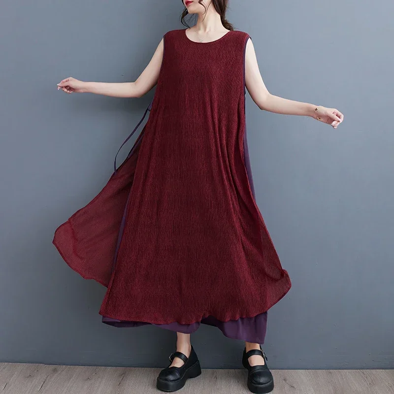 Женское разноцветное свободное платье без рукавов с круглым вырезом модное