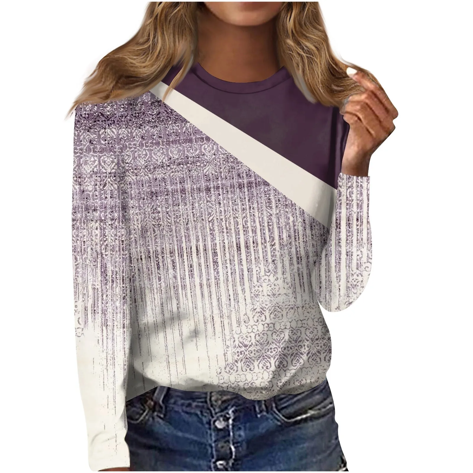 

Women Blouse Autumn Winter T Shirt Ethnic Style Retro Print Loose Fit Pullover Top For Women Trendy Round Neck Long Sleeve Tops