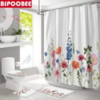 Beautiful Flowers Shower Curtain Set Bath Mats Rugs Floral Plant Bathroom Curtains with Hooks Toilet Lid Cover Non-Slip Carpet