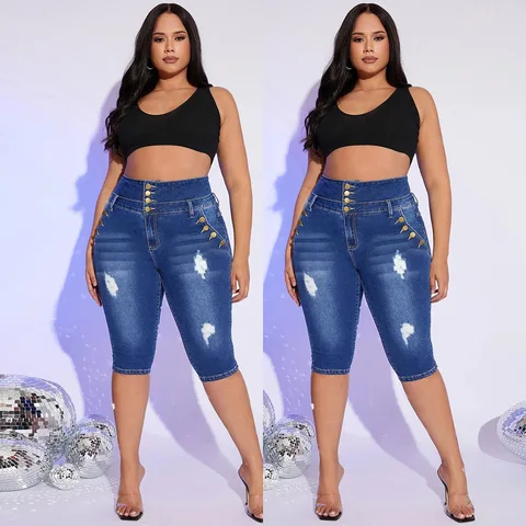 2023 Slim Elastic Perforated Oversized High Waist Denim Capris Women
