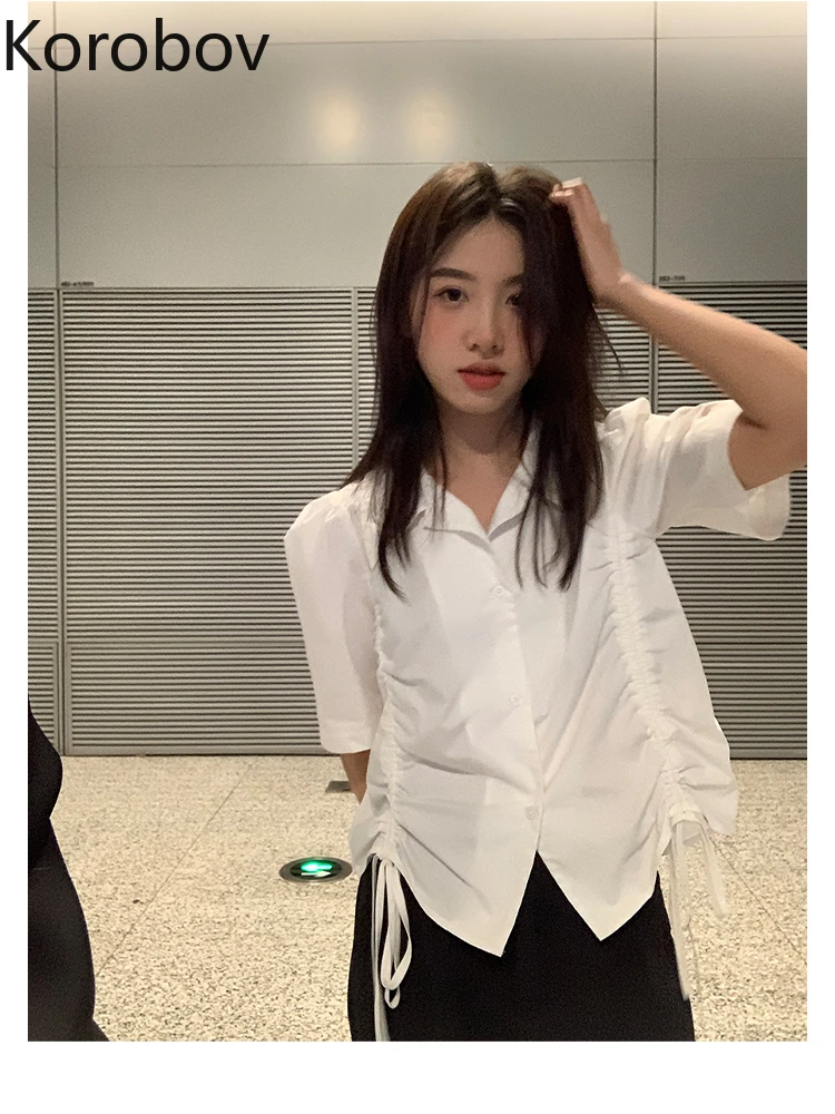 

Корейские блузки Korobov с отложным воротником, модные милые однотонные темпераментные блузки для поездок и женщин со шнуровкой