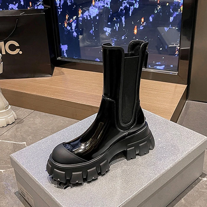 

Женские ботинки 2022, кожаные ботинки челси, женские белые ботильоны на платформе, уличные мотоциклетные высокие ботинки на молнии сзади, жен...