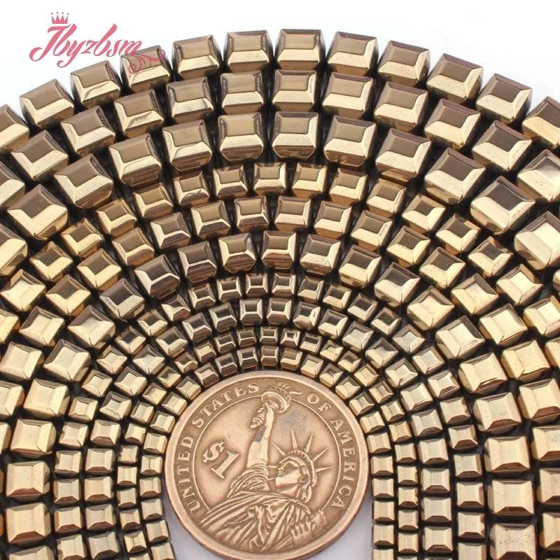 

3,4,6,8mm Light Gold Cube Suqare Faceted Hematite No Magnetic Stone Loose Beads 15" for Women Men DIY Accessories Jewelry Making