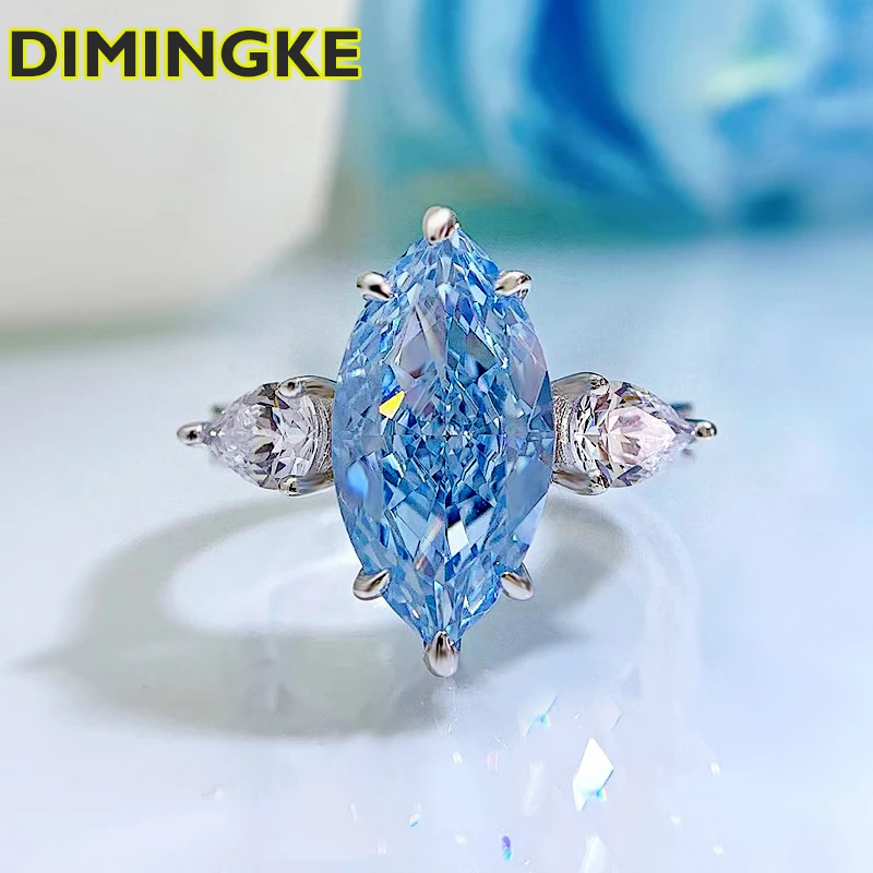 

DIMINGKE 8*16MM Olive Aquamarine Ring Woman 100%-S925 Silver Fine Jewelry Party Birthday Gift