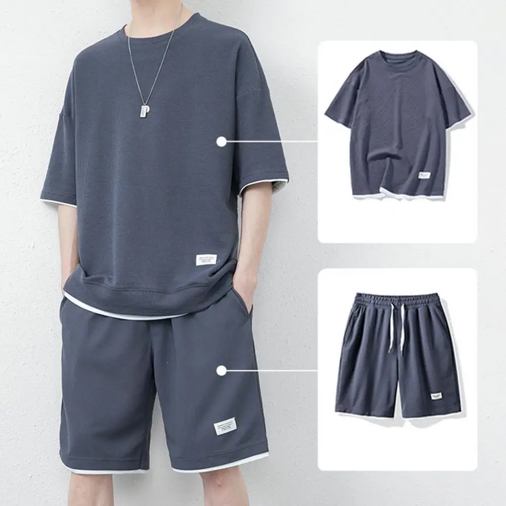 

2Pcs/Set Summer Tracksuit Short Sleeve Waffle Texture Drawstring Casual Outfit Fake Two Pieces T-shirt Loose Shorts Sport Suit