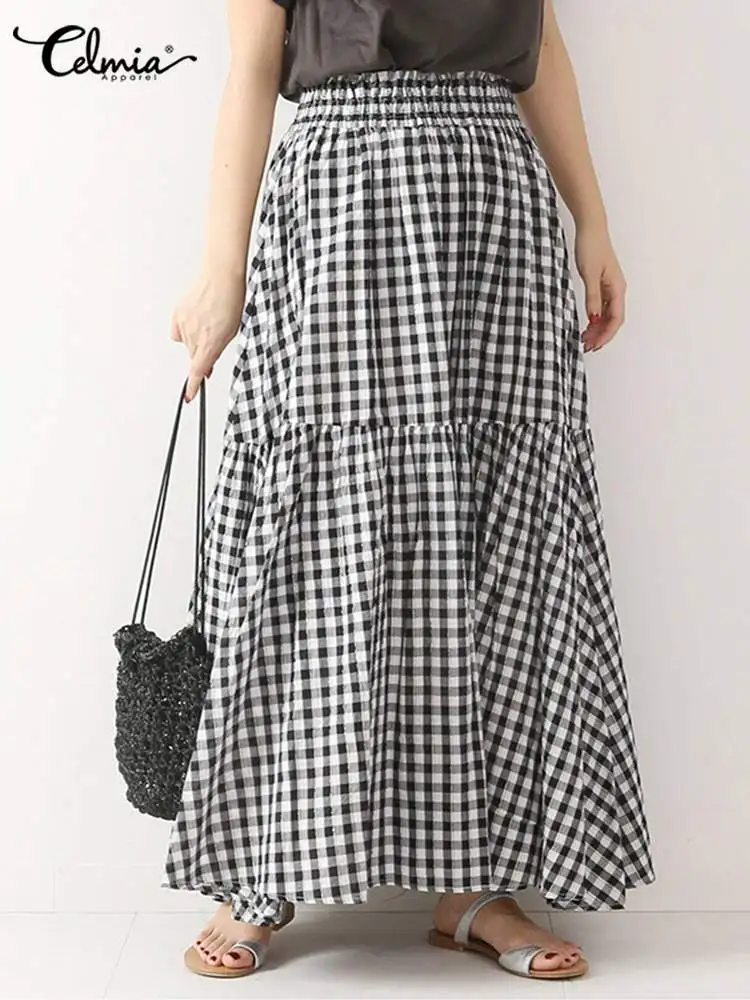 

Celmia 2023 летние вечерние юбки, повседневные плиссированные клетчатые Макси-юбки, модные женские юбки оверсайз с оборками, эластичная длинная ...