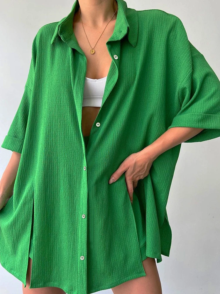 

Свободная Женская домашняя одежда Hiloc, зеленая пижама с рукавом три четверти, повседневные Костюмы с шортами, Женский комплект, пижама, осень 2023