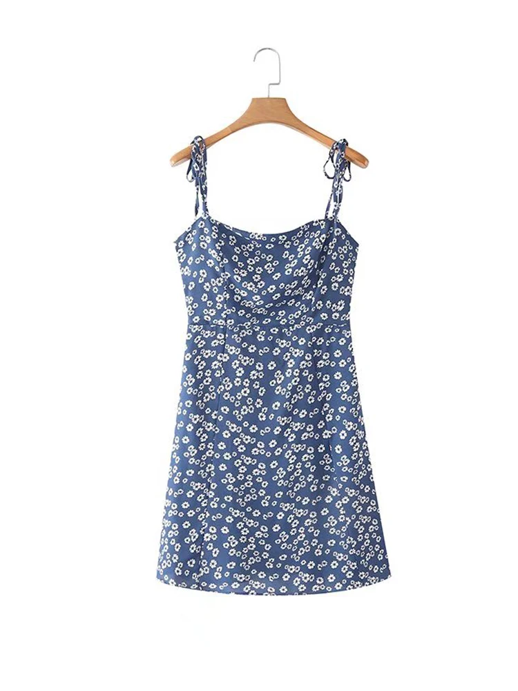

Women Strappy Spaghetti Strap Blue Dress Summer Sleeveless Floral Print Slim Mini Dresses 2022 jurken
