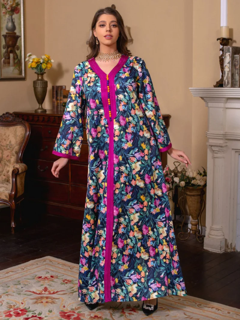 Muslim Abaya Dress Dubai Vintage Floral Printed Long Dresses V-Neck Lace Tape Moroccan Kaftan Woman Ramadan Jalabiya 2023