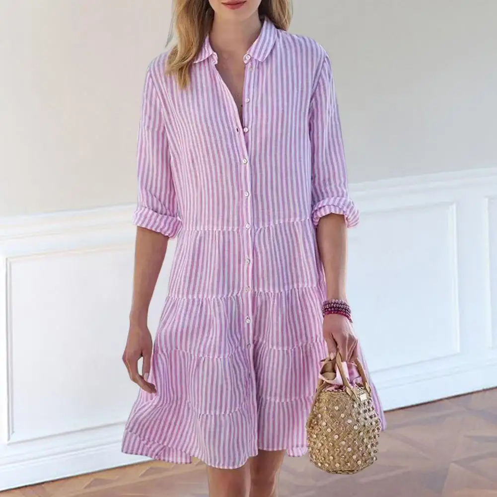 

Women Dress Long Sleeve Single Breasted Casual Dress Stitching Hem Shirt Dress Elegant Striped Print Office Dress Female Clothes