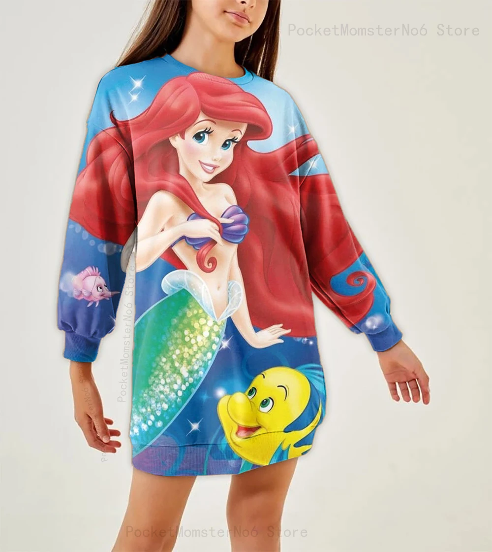 

Autumn and winter new girls round neck sweatshirt sweater dress Disney mermaid princess print girls long-sleeved pullover 2023