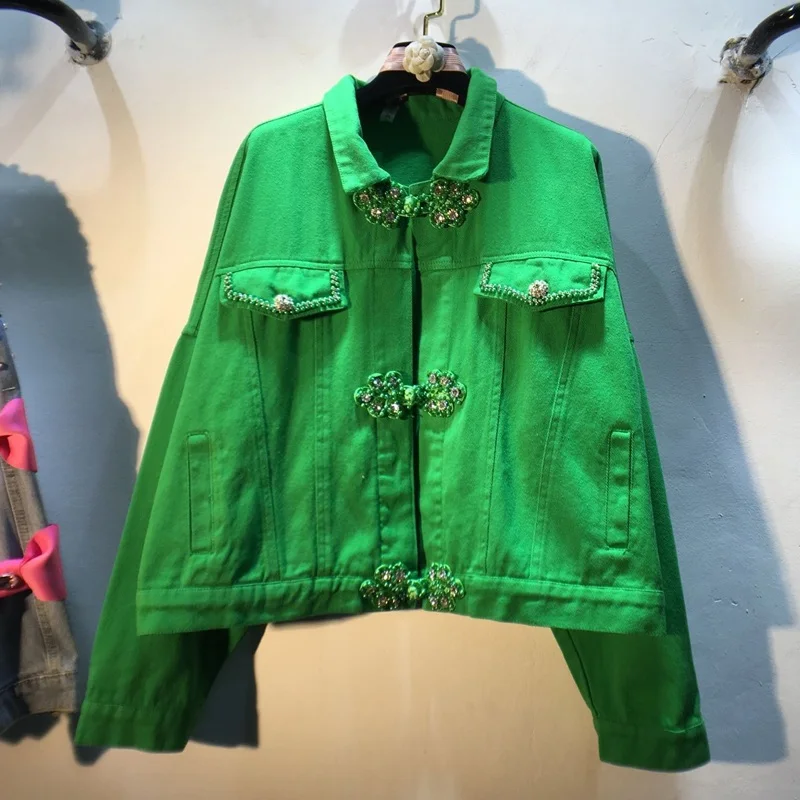 2022 Spring New Exquisite Rhinestone Beaded Buckle Harajuku Green Jacket High Waist Loose Denim Coat for Women Streetwear Coats