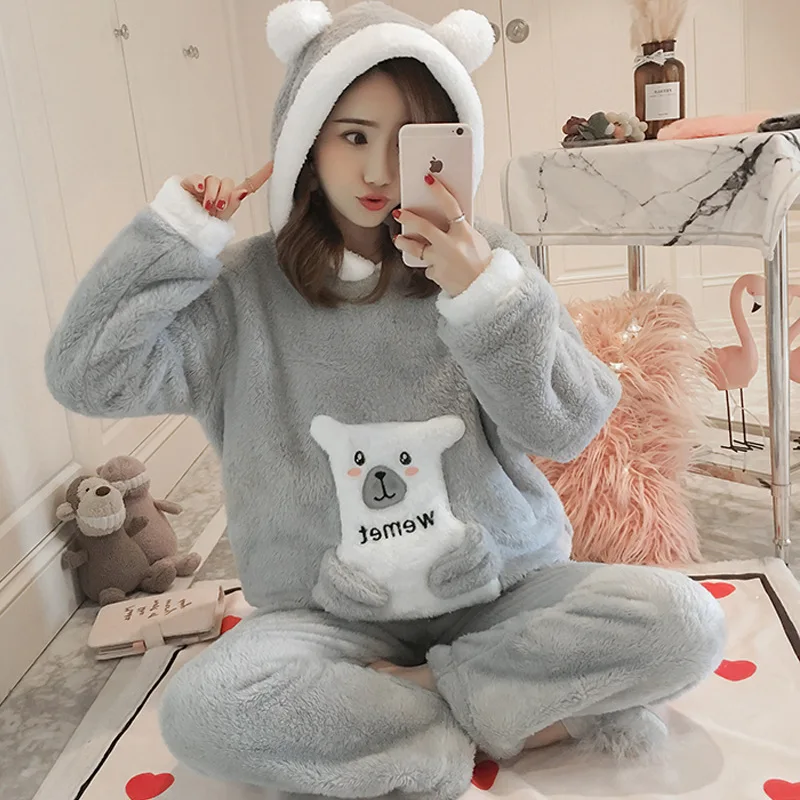 2022 Winter Warm Flannel Women Pajamas Set Autumn Pyjamas Sets Thick Coral Velvet Long Sleeve Cartoon Sleepwear Home Wear