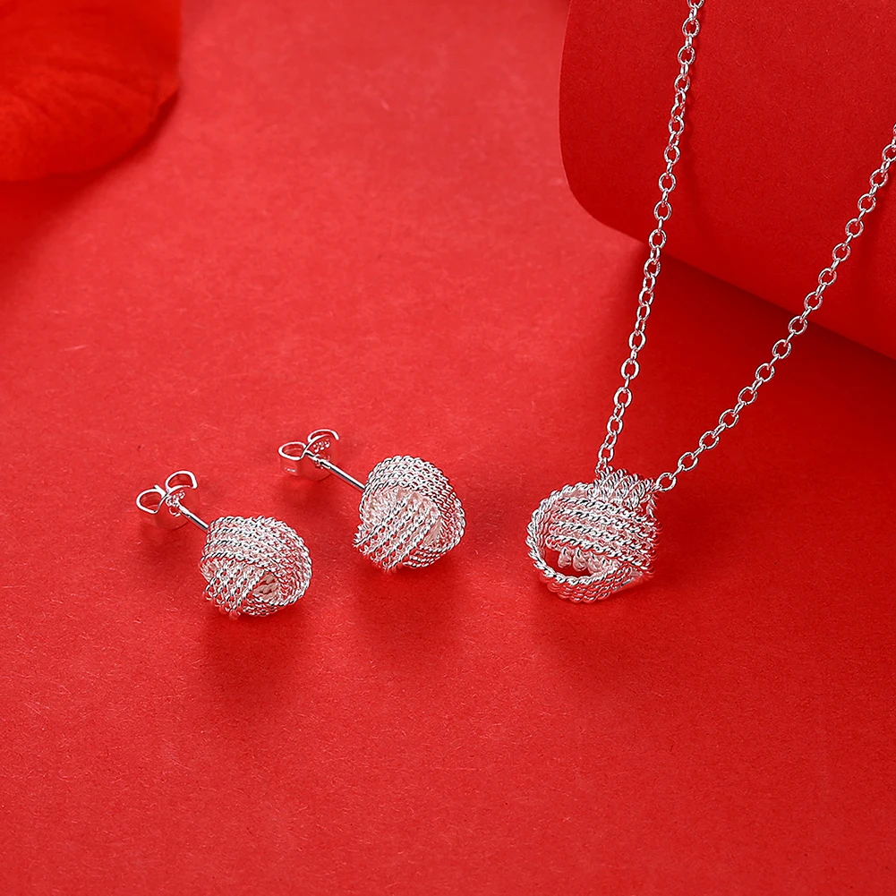 

925 sterling Silver Fine ball Pendant necklace earrings stud for woman Jewelry sets Fashion Party wedding accessories gifts