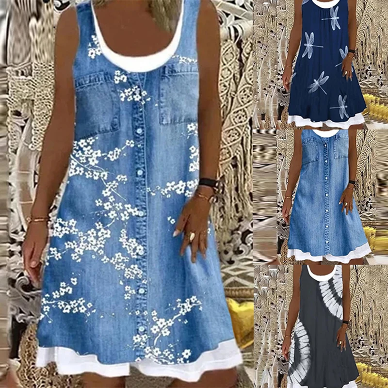 

Women Vintage Dress 2022 Summer Denim Style Floral Print Ruffles Strip Patchwork Dresses Casual Sleeveless O-neck Loose Dresses