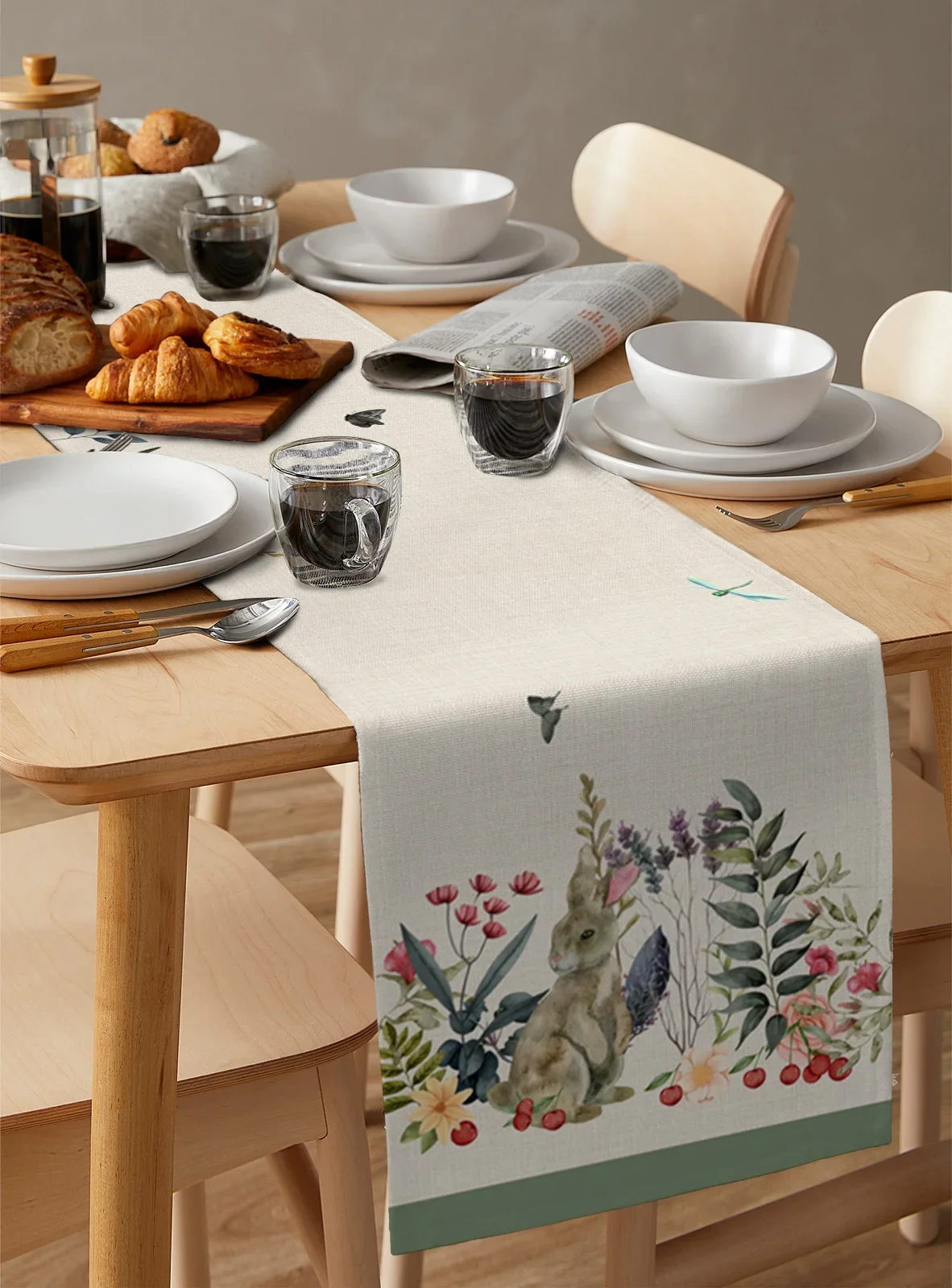Акварельные животные кролики цветы растения льняные дорожки для стола украшение