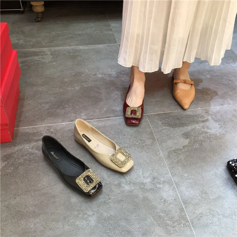 Square Toe Flat Shoes Women Shallow Mouth Patent Leather Rhinestone Square Buckle  Ladies Shoes Spring 2023 New Zapatos De Muje
