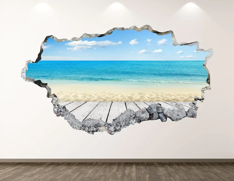 

Beach View Wall Decal - Sea 3D Smashed Wall Art Sticker Kids Decor Vinyl Home Poster Custom Gift KD15