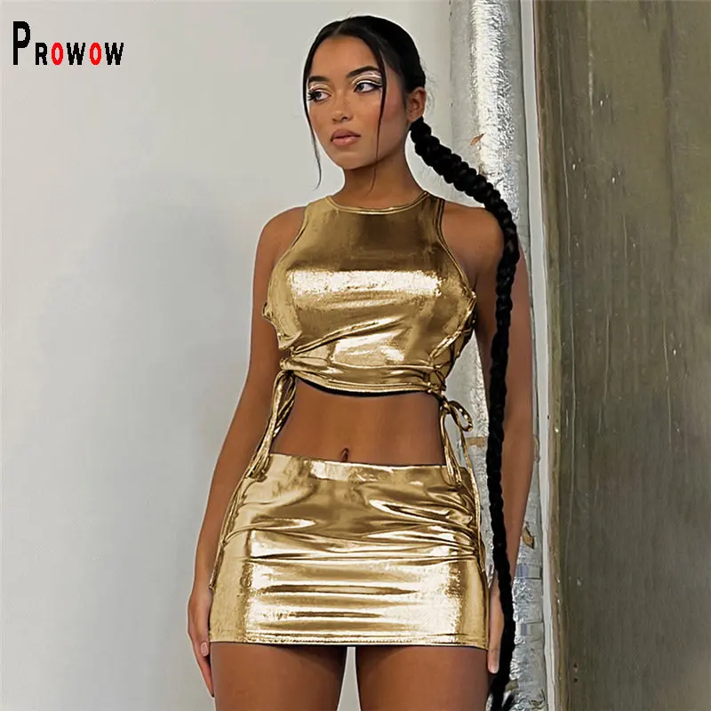 

Prowow Fashion Glossy 2023 New Design Summer Women Clothing Set Lace Up Cropped Tops Skirts Two Piece Party Nightclub Wear Suits