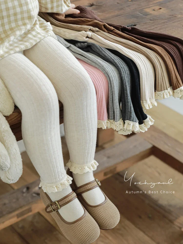 Кружевные леггинсы для девочек Осенние милые теплые Изящные Тканые Полосатые