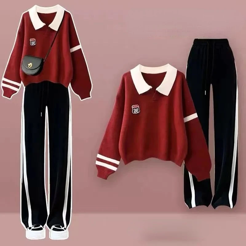 2023 Salt Wear College Wind Polo Shirt Sweater Suit Female Autumn New Casual Sports Wide-legged Pants Two-piece Set images - 6