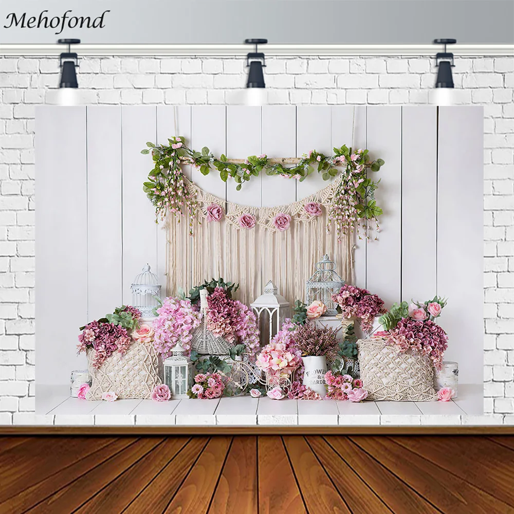 

Mehofond Spring Backdrop Nature White Wall Floral Scenic Baby Shower Background for Portrait Photography Cake Smash Decoration