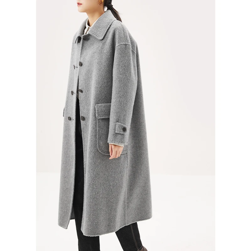

Winter Long Coat Women 100% Wool High Street Pockets Long Autumn/Winter Turn-down Collar Double Breasted Wide-waisted