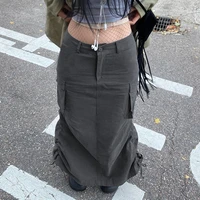 fairycore grunge women long skirts solid ruffles pockets harajuku punk clothes fashion aesthetic chic gray skirts