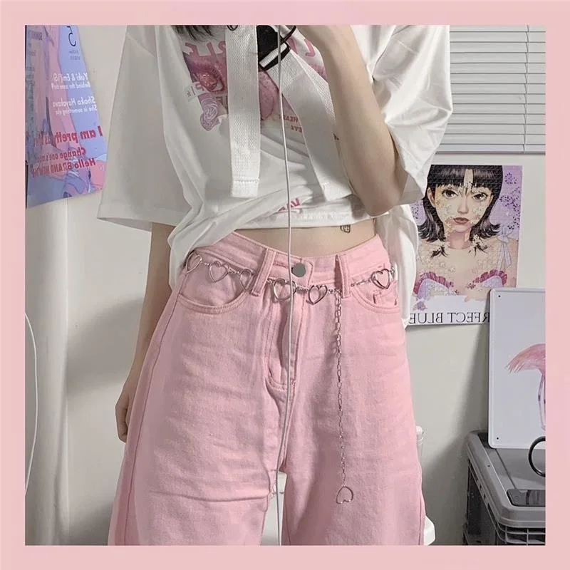 Kawaii women's wide leg jeans, pink loose jeans, high waist heart chain, casual and exquisite, lovely in summer