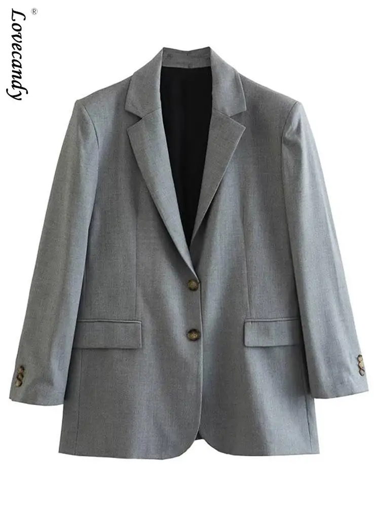 

Women Vintage Notched Neck Long Sleeves Blazers With Pockets Female Single Breasted Loose Blazer Spring Lady Streetwear Outfits