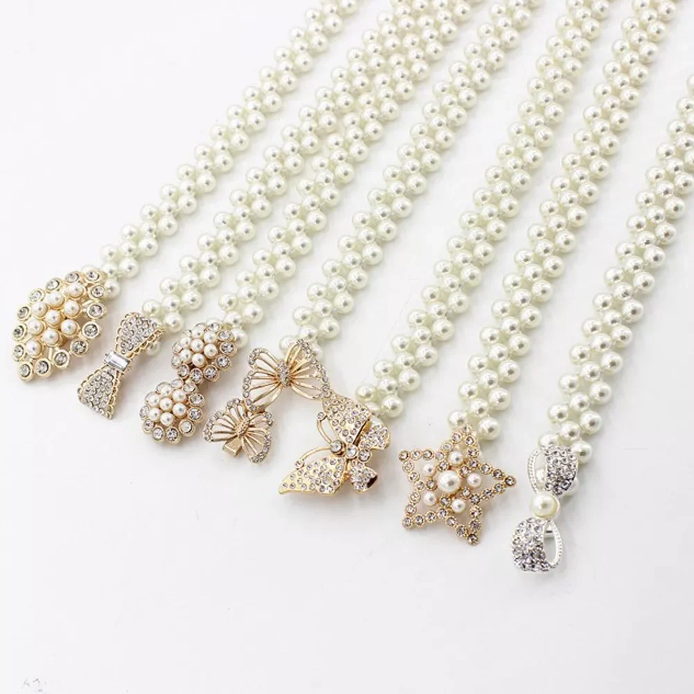 

Women Pearl Belt Waist Elastic Buckle Chain Belts Dress Strap Elegant Women's Belt Flower Buckle Female Crystal Gift