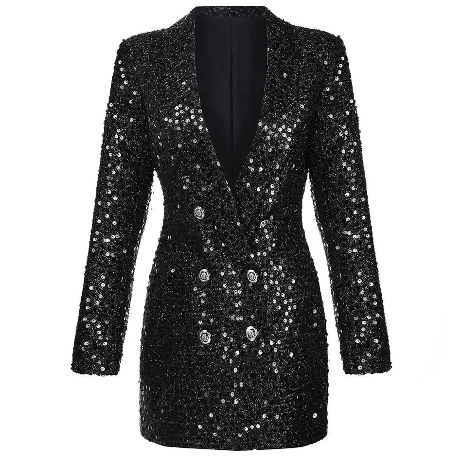 

Sequined Bling Bling Sequined Women Black Long Blazer Outerwear Office Work Slim Lady ZA Coat Clothing Jackets
