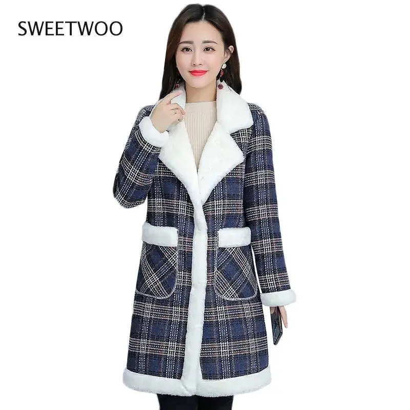 Women's Faux Woolen Coat 2022 New Fashion Plaid Plus Velvet Warm Cotton Mid Long Outerwear Ladies Imitation Lamb Slim Contracted