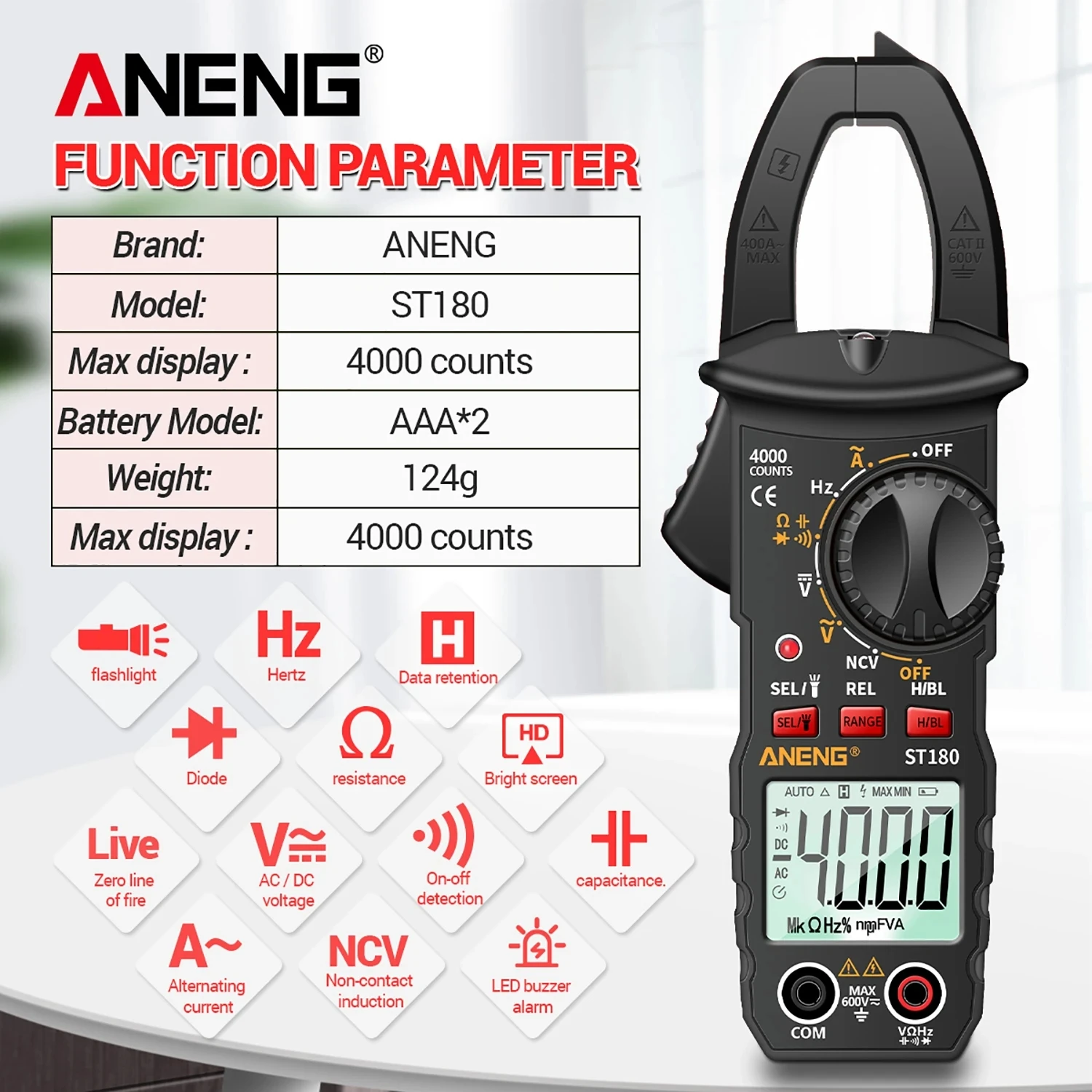 

ANENG ST180 4000 Counts Digital Clamp Meter AC Current Multimeter Ammeter Voltage Tester Car Amp Hz Capacitance NCV Ohm Tool