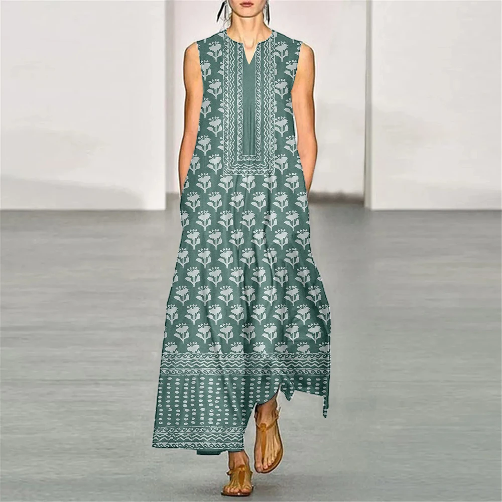 Женское платье-макси с V-образным вырезом Свободное длинное платье без рукавов