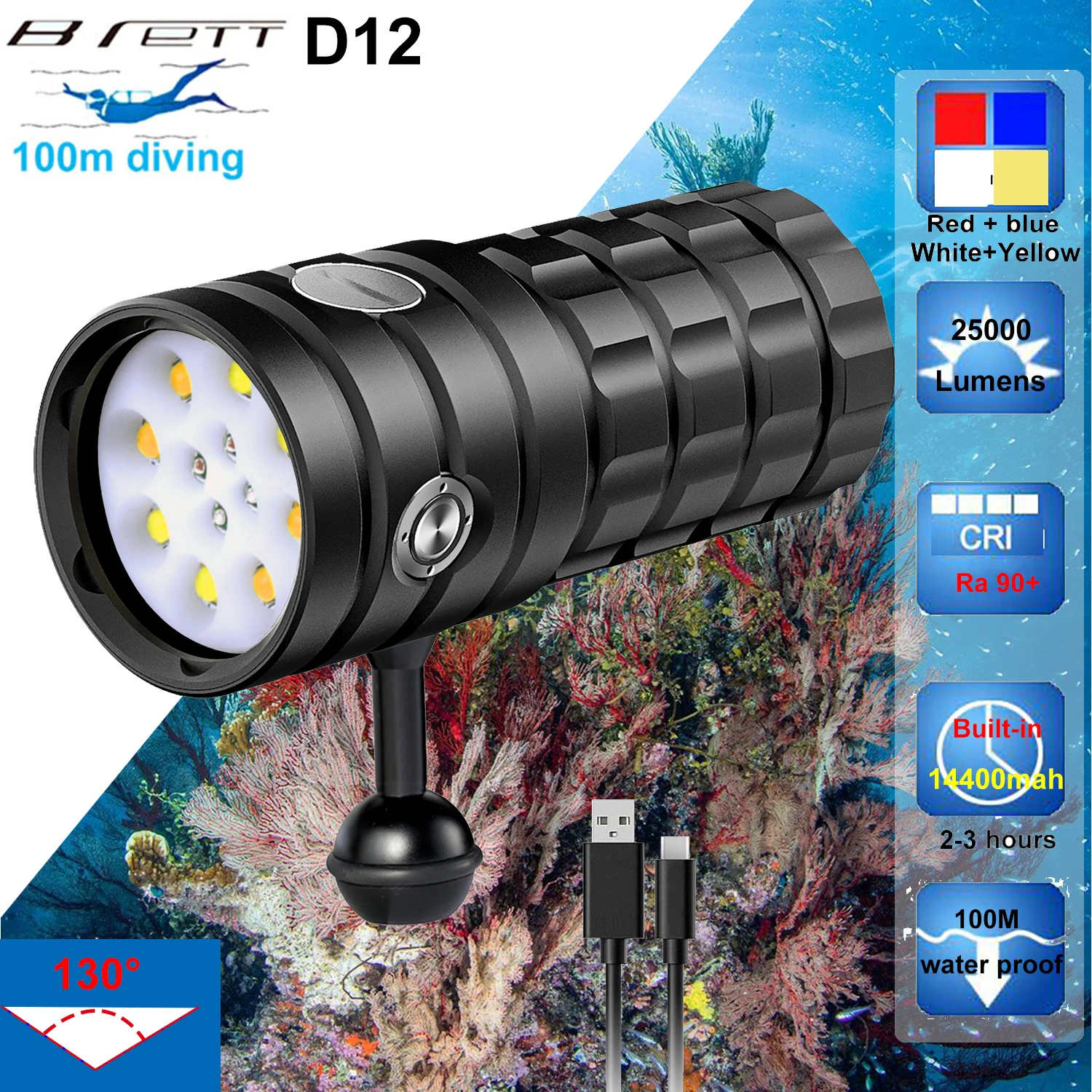 NEW LED Diving Flashlight 8 XHP50 25000Lumens Underwater 100m Waterproof Photography Tactical Diving Light Camera Video Torch